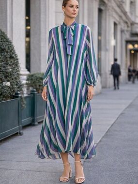 Pink Memories Multicolour Striped Maxi Dress - Tie Neck Long Sleeve Dress US M